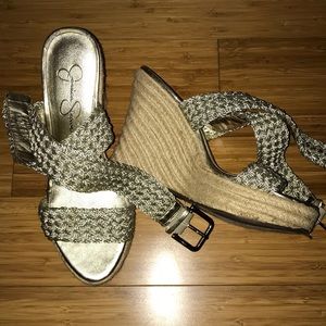 Gold wrap around ankle wedges